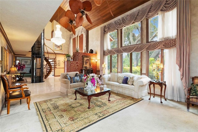 1093 Hidden Harbor Ln, Kissimmee, FL 34746 - carpeted living room featuring high vaulted ceiling, stairs, and wooden ceiling
