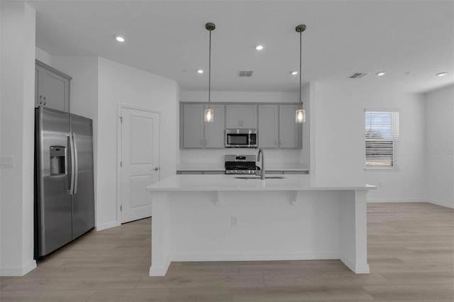 305 Platform Ln, Debary, FL 32713 - kitchen featuring a sink, light wood-type flooring, light countertops, gray cabinetry, and appliances with stainless steel finishes