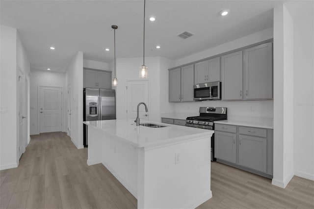 305 Platform Ln, Debary, FL 32713 - kitchen with light wood-style flooring, gray cabinetry, visible vents, a sink, and stainless steel appliances