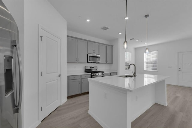 305 Platform Ln, Debary, FL 32713 - kitchen featuring a sink, stainless steel appliances, visible vents, gray cabinetry, and light wood-style floors
