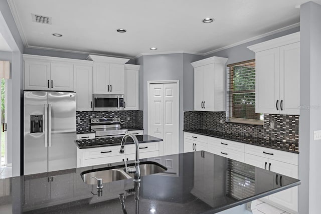1802 Imperial Palm Dr, Apopka, FL 32712 - kitchen featuring stainless steel appliances, a sink, plenty of natural light, white cabinets, and ornamental molding