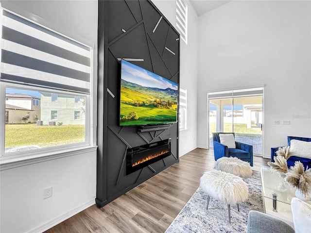 living area with a glass covered fireplace, healthy amount of natural light, baseboards, and a high ceiling