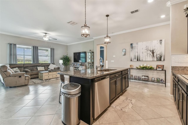 31840 Magna Gulf Loop, San Antonio, FL 33576 - kitchen featuring stainless steel dishwasher, a sink, a ceiling fan, open floor plan, and light tile patterned flooring