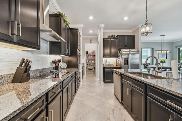 31840 Magna Gulf Loop, San Antonio, FL 33576 - kitchen with stainless steel appliances, a sink, light stone countertops, a chandelier, and ornamental molding