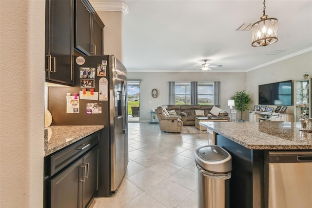 31840 Magna Gulf Loop, San Antonio, FL 33576 - kitchen featuring stainless steel fridge with ice dispenser, ornamental molding, light tile patterned floors, ceiling fan, and open floor plan