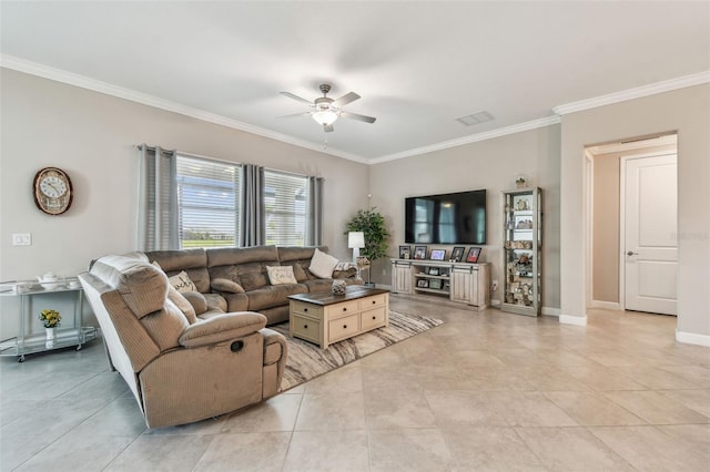 31840 Magna Gulf Loop, San Antonio, FL 33576 - living room with ceiling fan, crown molding, light tile patterned floors, and baseboards
