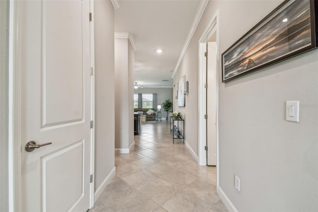 31840 Magna Gulf Loop, San Antonio, FL 33576 - hall featuring crown molding, baseboards, light tile patterned floors, and recessed lighting