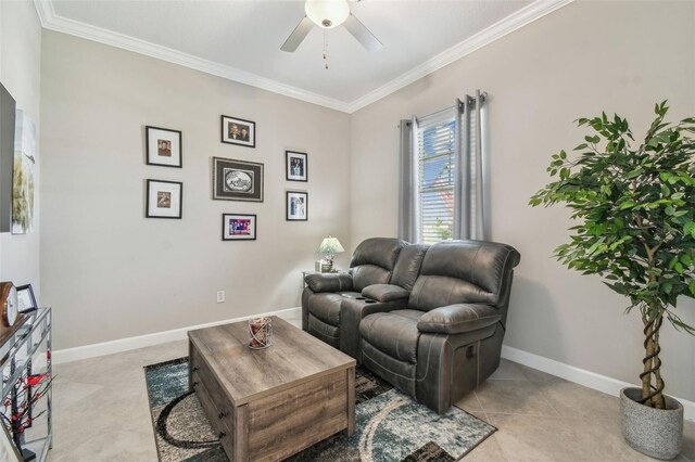 31840 Magna Gulf Loop, San Antonio, FL 33576 - living area with a ceiling fan, ornamental molding, light tile patterned floors, and baseboards