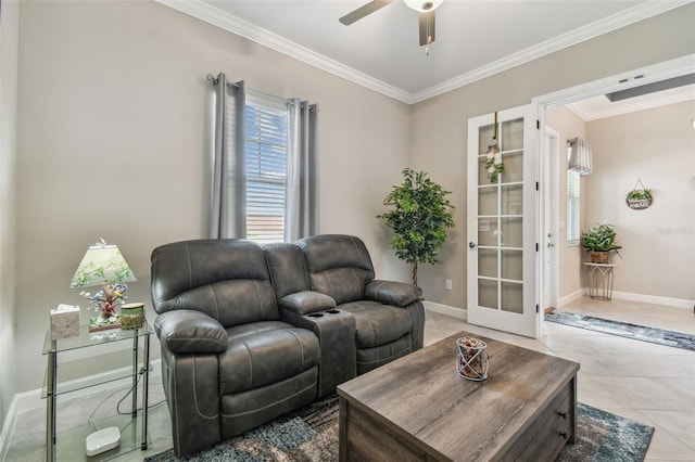 31840 Magna Gulf Loop, San Antonio, FL 33576 - living room with ceiling fan, crown molding, light tile patterned floors, french doors, and baseboards
