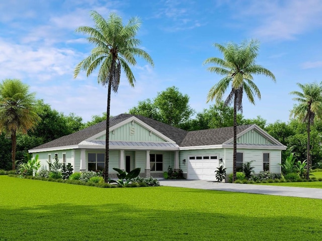 single story home with board and batten siding, an attached garage, a front yard, and driveway