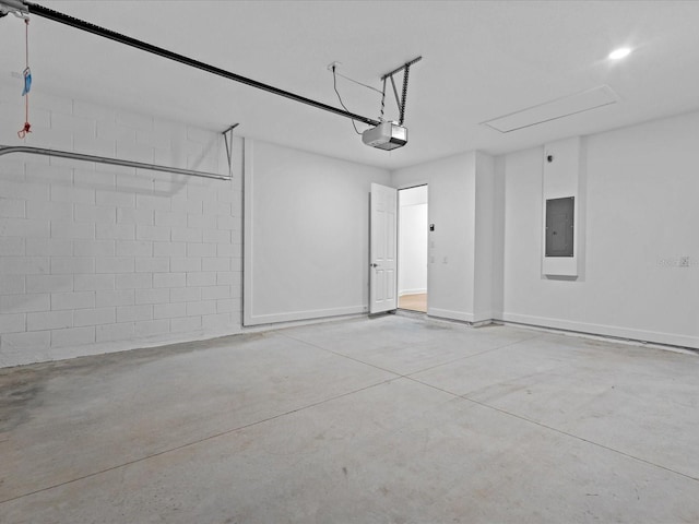8018 Colby Cir, Orlando, FL 32817 - garage featuring electric panel, a garage door opener, and concrete block wall