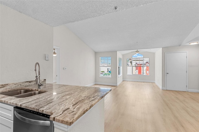 2213 Grand Cayman Ct Unit 1138, Kissimmee, FL 34741 - kitchen with a sink, dishwasher, open floor plan, lofted ceiling, and a textured ceiling