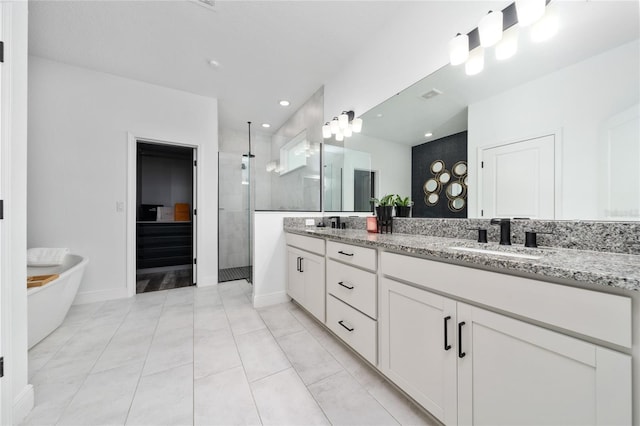 2591 Seagirt Way, Clermont, FL 34711 - full bath featuring a stall shower, double vanity, a soaking tub, tile patterned flooring, and recessed lighting