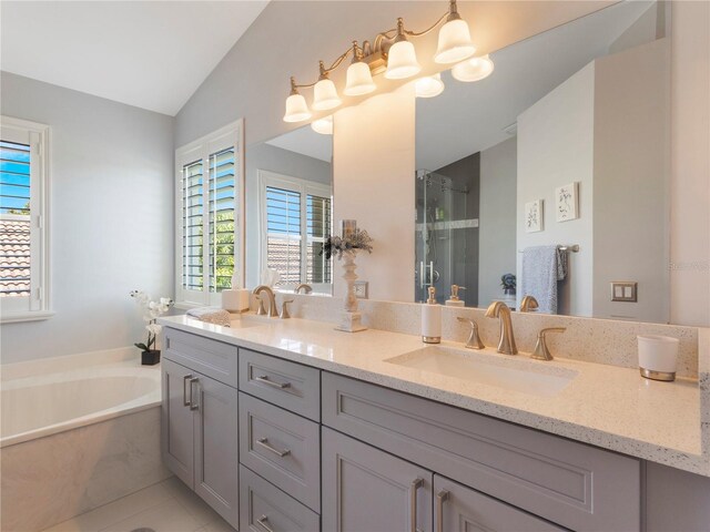 7580 Colony Palm Dr, Boynton Beach, FL 33436 - full bath with double vanity, a garden tub, plenty of natural light, a shower stall, and vaulted ceiling