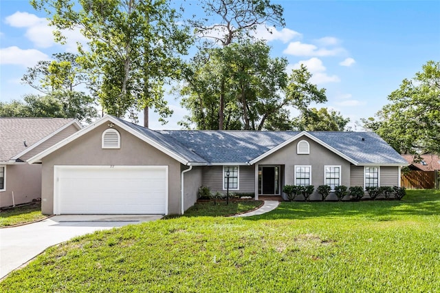 single story home featuring a garage, concrete driveway, stucco siding, and roof with shingles