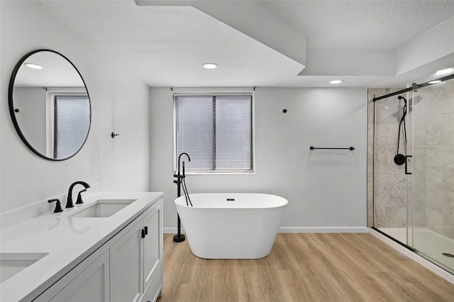 full bathroom with a freestanding tub, wood finished floors, baseboards, a stall shower, and double vanity