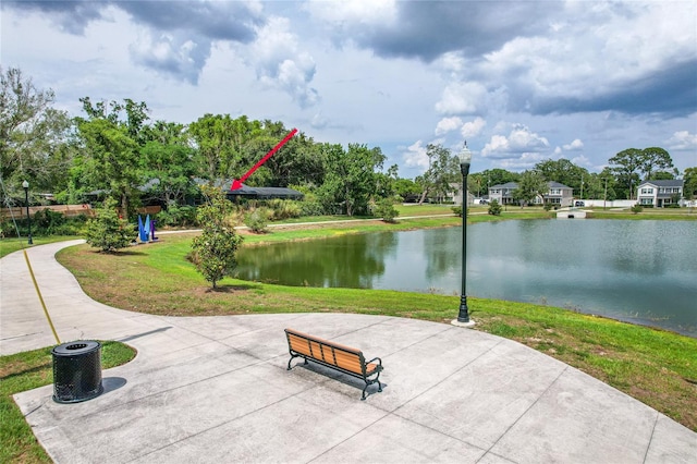 view of property's community featuring a water view and a lawn