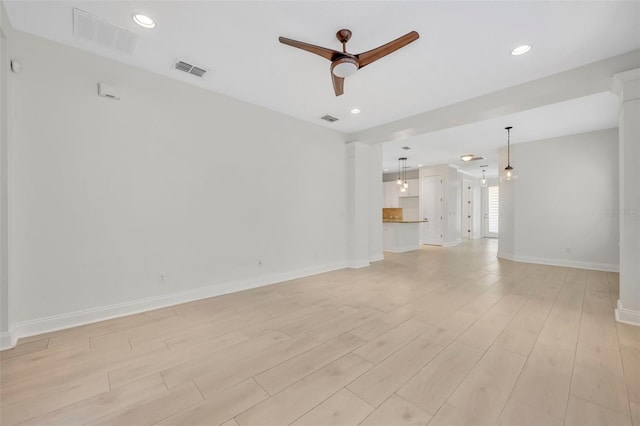 13913 Hahn Ln, Orlando, FL 32827 - unfurnished living room with ceiling fan, light wood-style flooring, baseboards, recessed lighting, and decorative columns