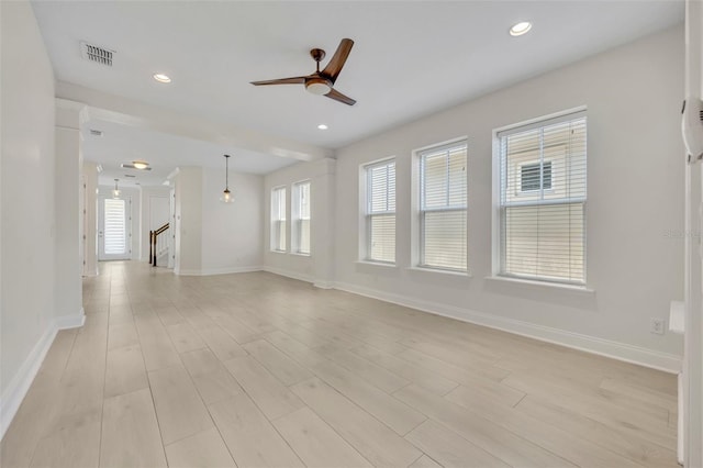13913 Hahn Ln, Orlando, FL 32827 - unfurnished living room with a ceiling fan, baseboards, light wood-style floors, and recessed lighting