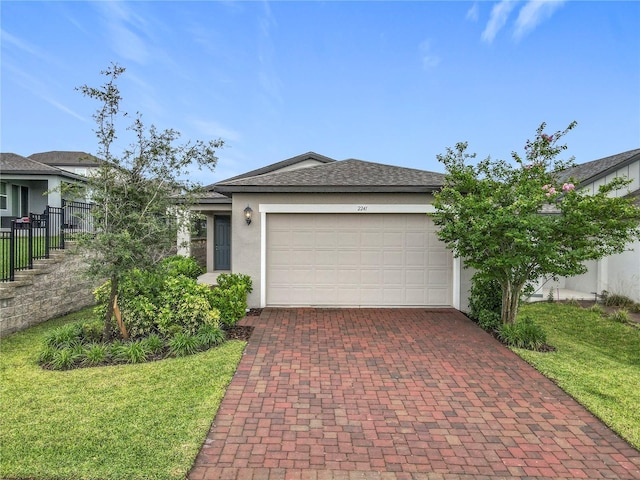 single story home with stucco siding, decorative driveway, an attached garage, and roof with shingles