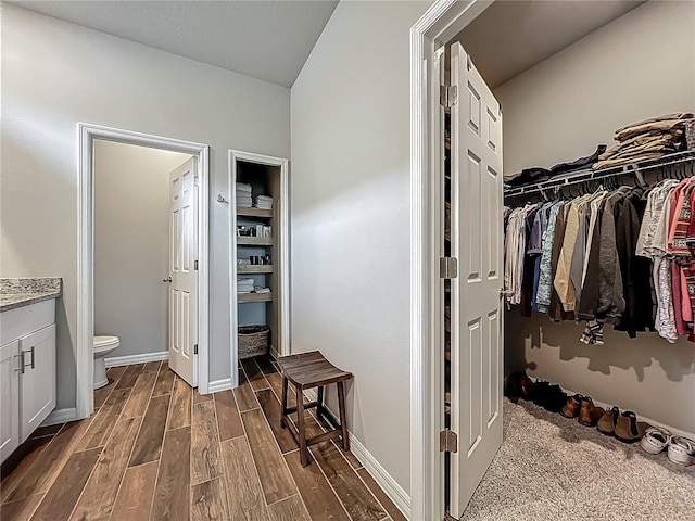 bathroom featuring wood finished floors, toilet, a spacious closet, and vanity