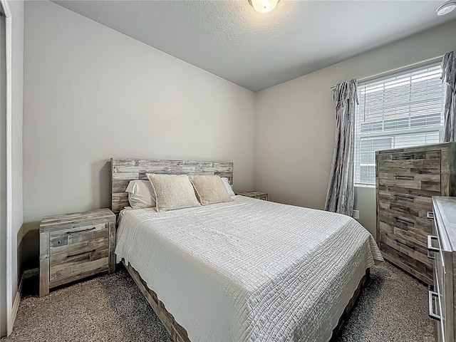 bedroom with dark colored carpet