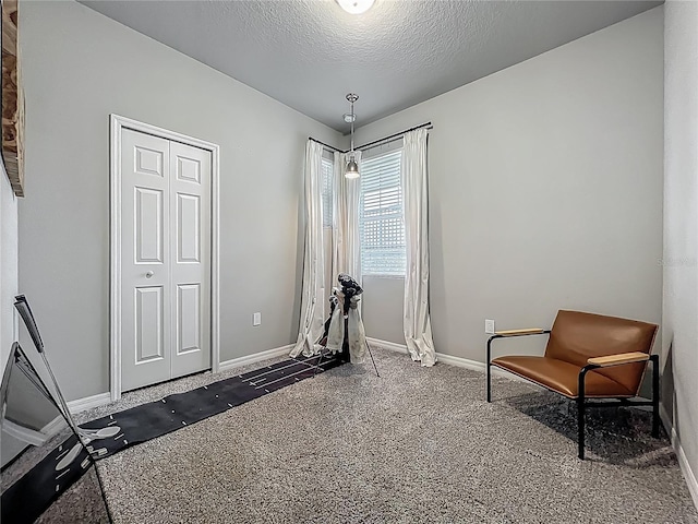 workout room featuring baseboards, dark carpet, and a textured ceiling