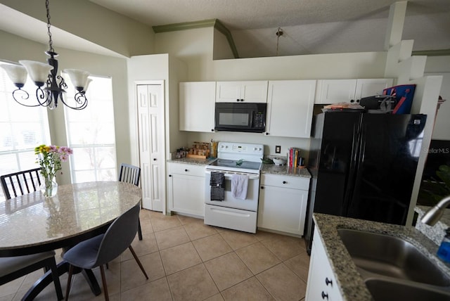 kitchen featuring black appliances, a sink, white cabinetry, a chandelier, and light stone counters