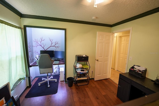 office space with ornamental molding, dark wood-style floors, and a textured ceiling