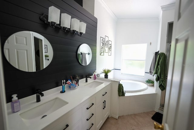 full bathroom with crown molding, tile patterned floors, a garden tub, double vanity, and a shower with shower door