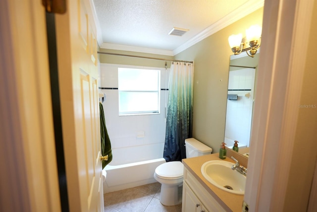 full bathroom featuring toilet, crown molding, vanity, tile patterned flooring, and shower / tub combo