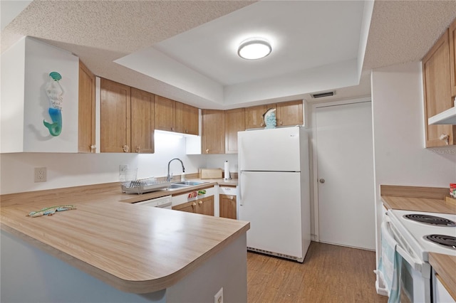 kitchen featuring white appliances, a sink, a tray ceiling, a peninsula, and light wood-style flooring