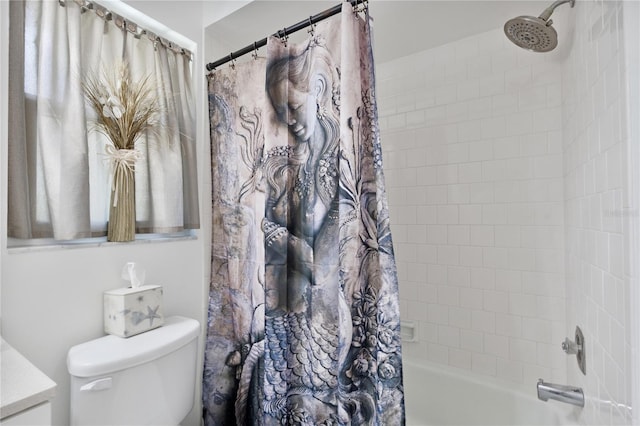 full bath with toilet and shower / tub combo with curtain