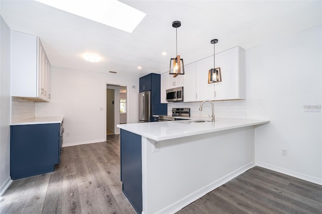 713 Coach Light Dr, Fern Park, FL 32730 - kitchen with appliances with stainless steel finishes, a peninsula, wood finished floors, blue cabinetry, and a skylight