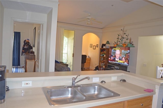 12212 Wild Iris Way Unit 106, Orlando, FL 32837 - kitchen with a sink, arched walkways, lofted ceiling, open floor plan, and a ceiling fan