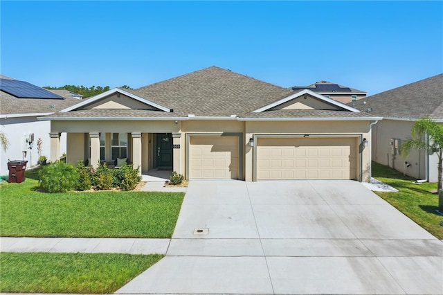 view of front of house with a garage, a front yard, stucco siding, driveway, and roof with shingles