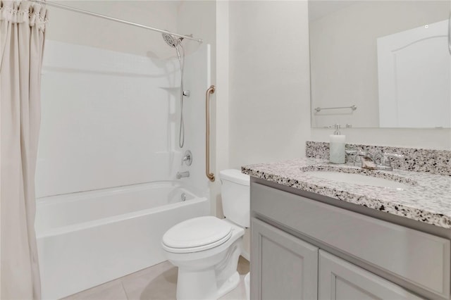 bathroom with shower / tub combo, toilet, tile patterned flooring, and vanity