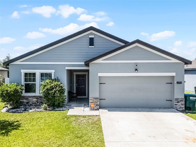 3519 Fernanda Dr, Deltona, FL 32738 - single story home with stone siding, an attached garage, a front yard, stucco siding, and concrete driveway