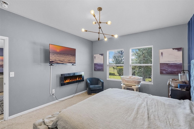 3519 Fernanda Dr, Deltona, FL 32738 - carpeted bedroom with a warm lit fireplace, a chandelier, and baseboards