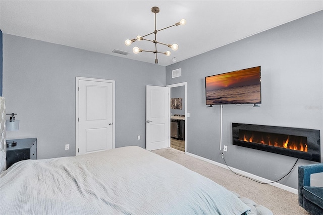 3519 Fernanda Dr, Deltona, FL 32738 - bedroom featuring a warm lit fireplace, carpet, a chandelier, and baseboards