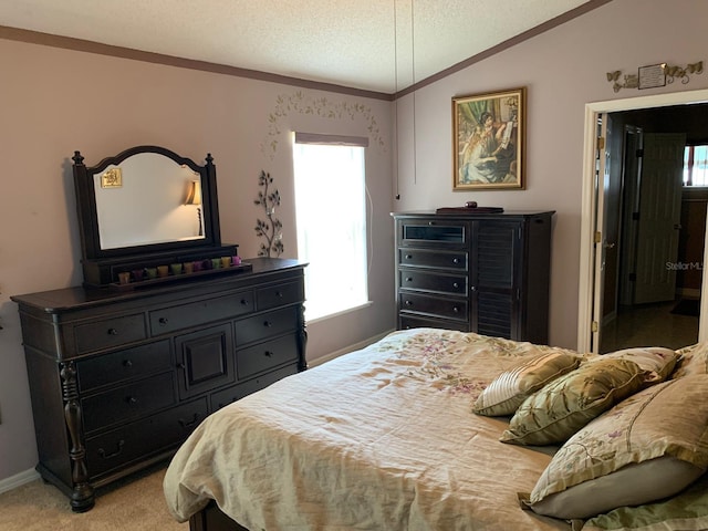 1585 Stefan Cole Ln, Apopka, FL 32703 - bedroom with a textured ceiling, multiple windows, vaulted ceiling, light colored carpet, and ornamental molding