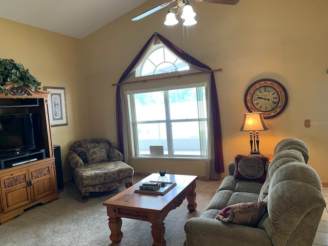1585 Stefan Cole Ln, Apopka, FL 32703 - carpeted living area with a ceiling fan and lofted ceiling