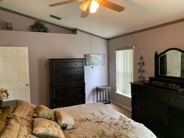 1585 Stefan Cole Ln, Apopka, FL 32703 - bedroom with ornamental molding, a textured ceiling, carpet, lofted ceiling, and ceiling fan