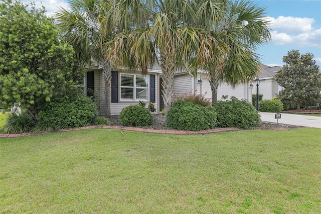 obstructed view of property with concrete driveway, an attached garage, and a front yard