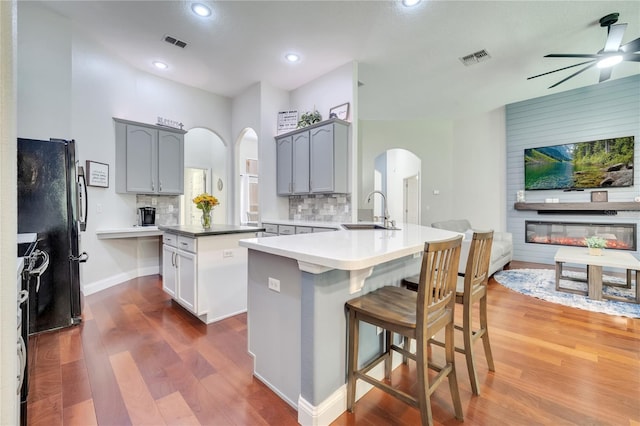 3380 Pawleys Loop N, Saint Cloud, FL 34769 - kitchen with arched walkways, a sink, a ceiling fan, dark wood-type flooring, and gray cabinets