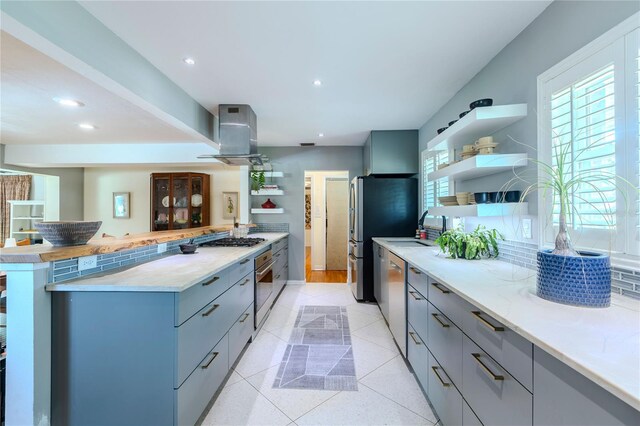 2001 Lily Ct, Sanford, FL 32771 - kitchen with open shelves, gray cabinetry, stainless steel appliances, modern cabinets, and recessed lighting