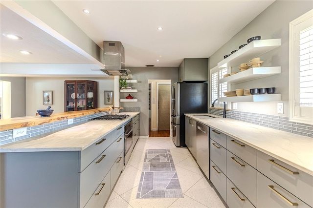 2001 Lily Ct, Sanford, FL 32771 - kitchen featuring gray cabinetry, island range hood, appliances with stainless steel finishes, open shelves, and recessed lighting