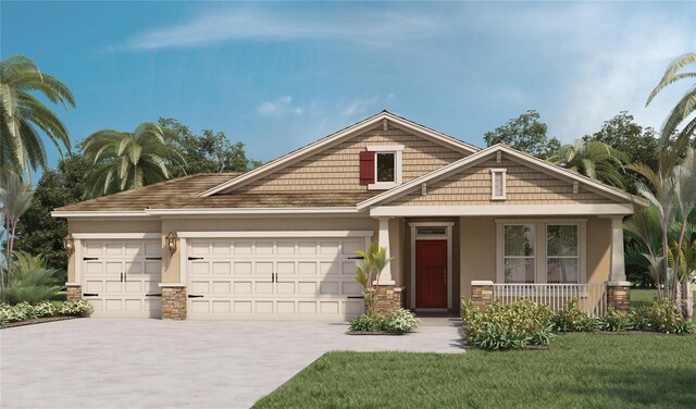 1974 Walnut Creek Dr, Kissimmee, FL 34744 - view of front facade with concrete driveway, a porch, stucco siding, an attached garage, and a front yard