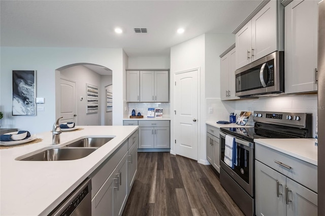 1974 Walnut Creek Dr, Kissimmee, FL 34744 - kitchen featuring appliances with stainless steel finishes, a sink, gray cabinets, dark wood finished floors, and recessed lighting