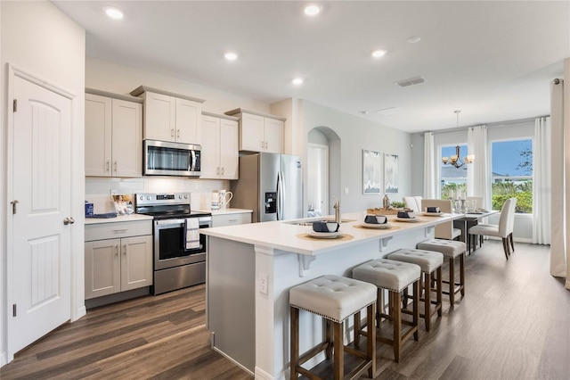1974 Walnut Creek Dr, Kissimmee, FL 34744 - kitchen with stainless steel appliances, a sink, dark wood-type flooring, arched walkways, and a center island with sink